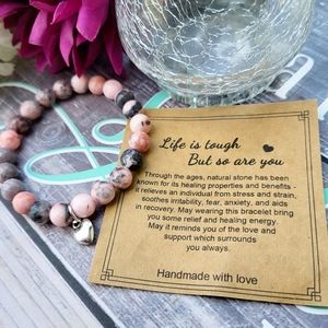 Pink zebra jasper stretch bracelet, heart charm. Gift Set with card, New